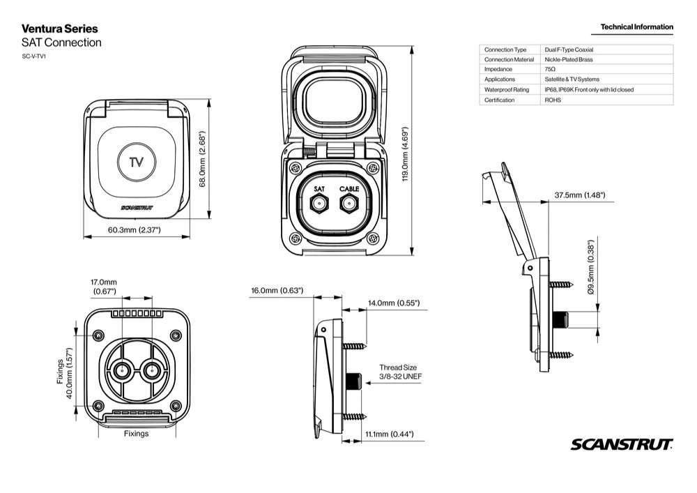 Scanstrut Ventura Waterproof F-Type Satellite & TV Socket