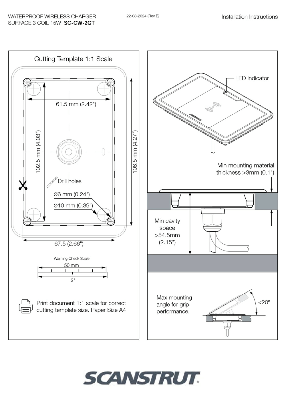 Scanstrut 12/24V 15W Recessed-Mount Surface 3-Coil Waterproof Wireless Charger