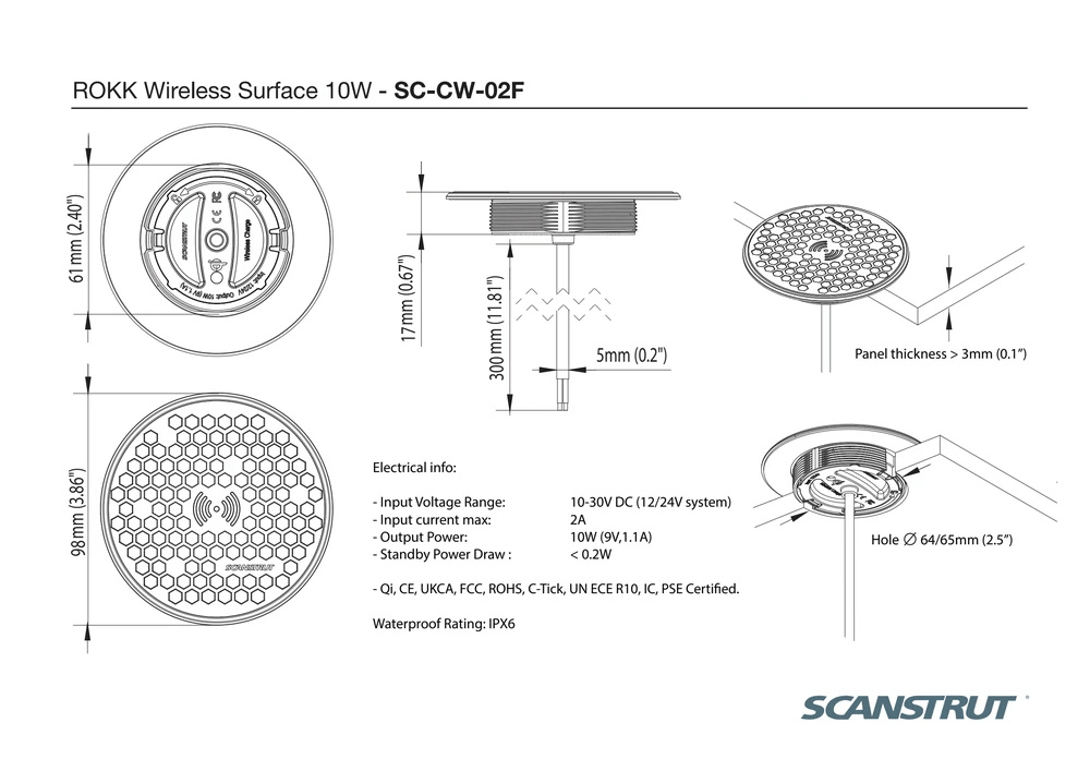 Scanstrut 12/24V 10W Recessed-Mount Surface Waterproof Wireless Charger