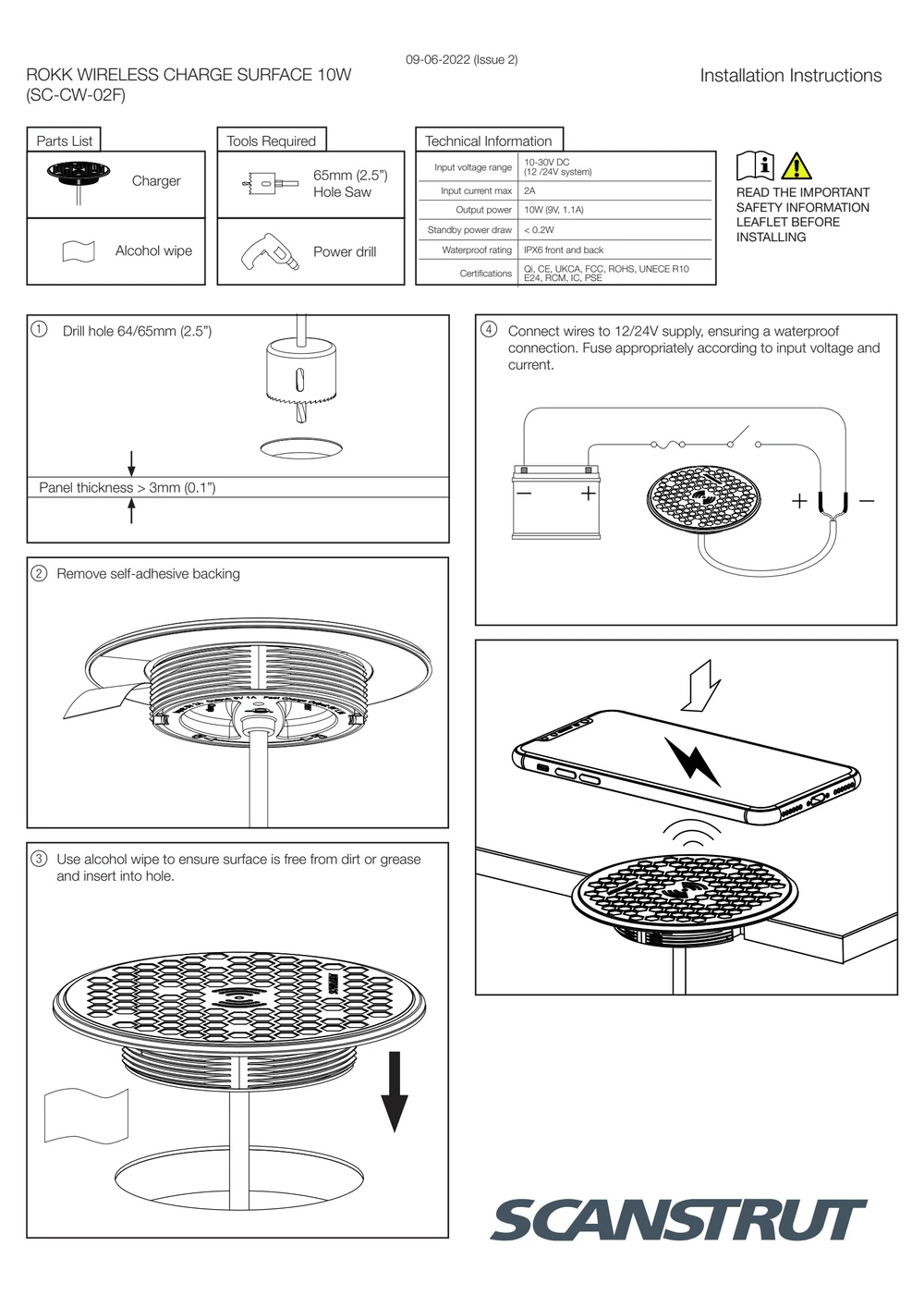 Scanstrut 12/24V 10W Recessed-Mount Surface Waterproof Wireless Charger