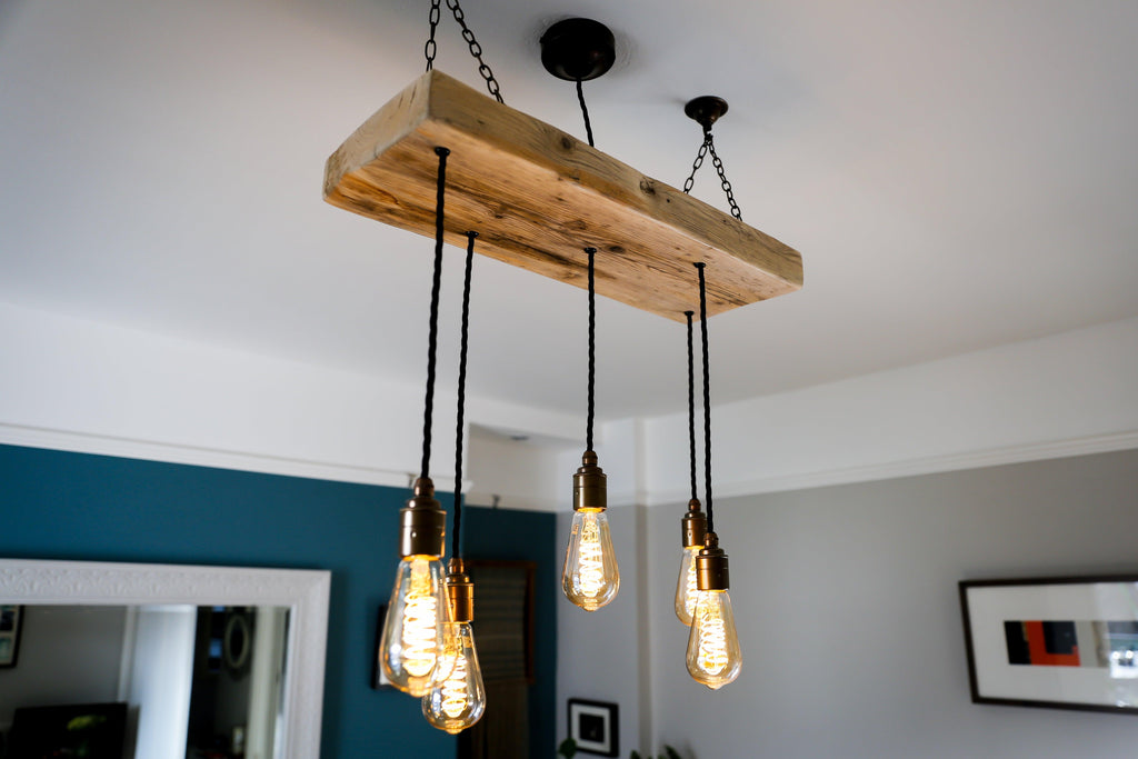 Wooden Beam Cluster Pendant Light | Reclaimed Kitchen Island & Dining Lighting UK