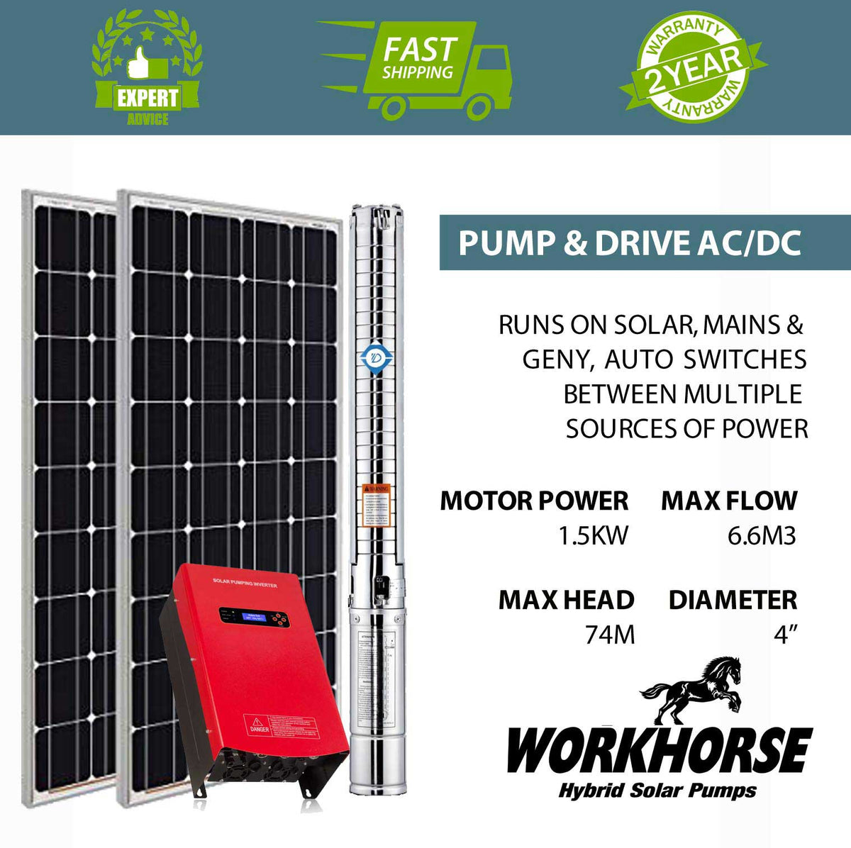 Workhorse Series | 6600 L/H | Max Head 74m | Hybrid Solar | 1.1kW Submersible Pump | 4SPM5-12