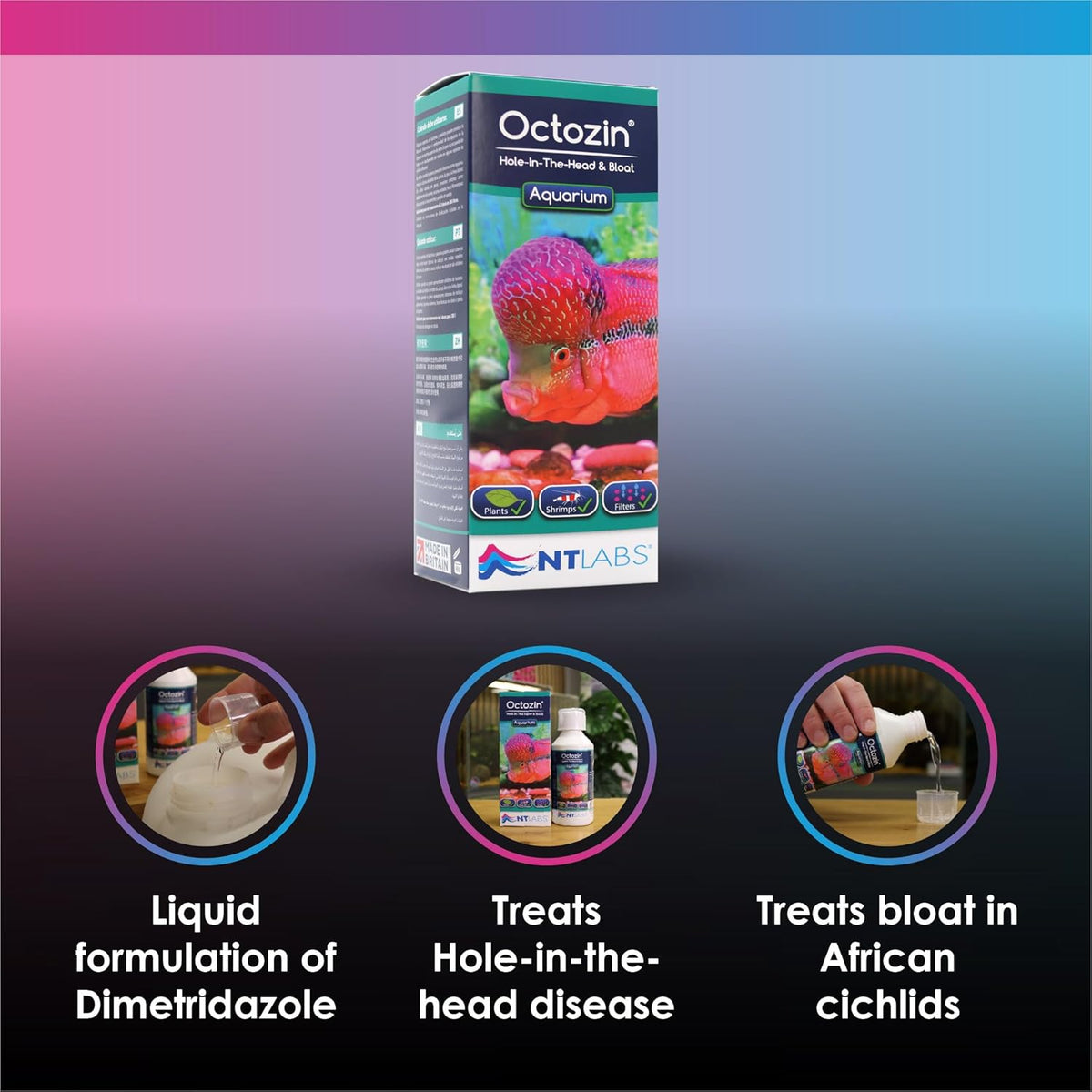 NT Labs Octozin WaterTreatment – 250ml, 500ml, 1L Bloat & Hole-in-the-Head