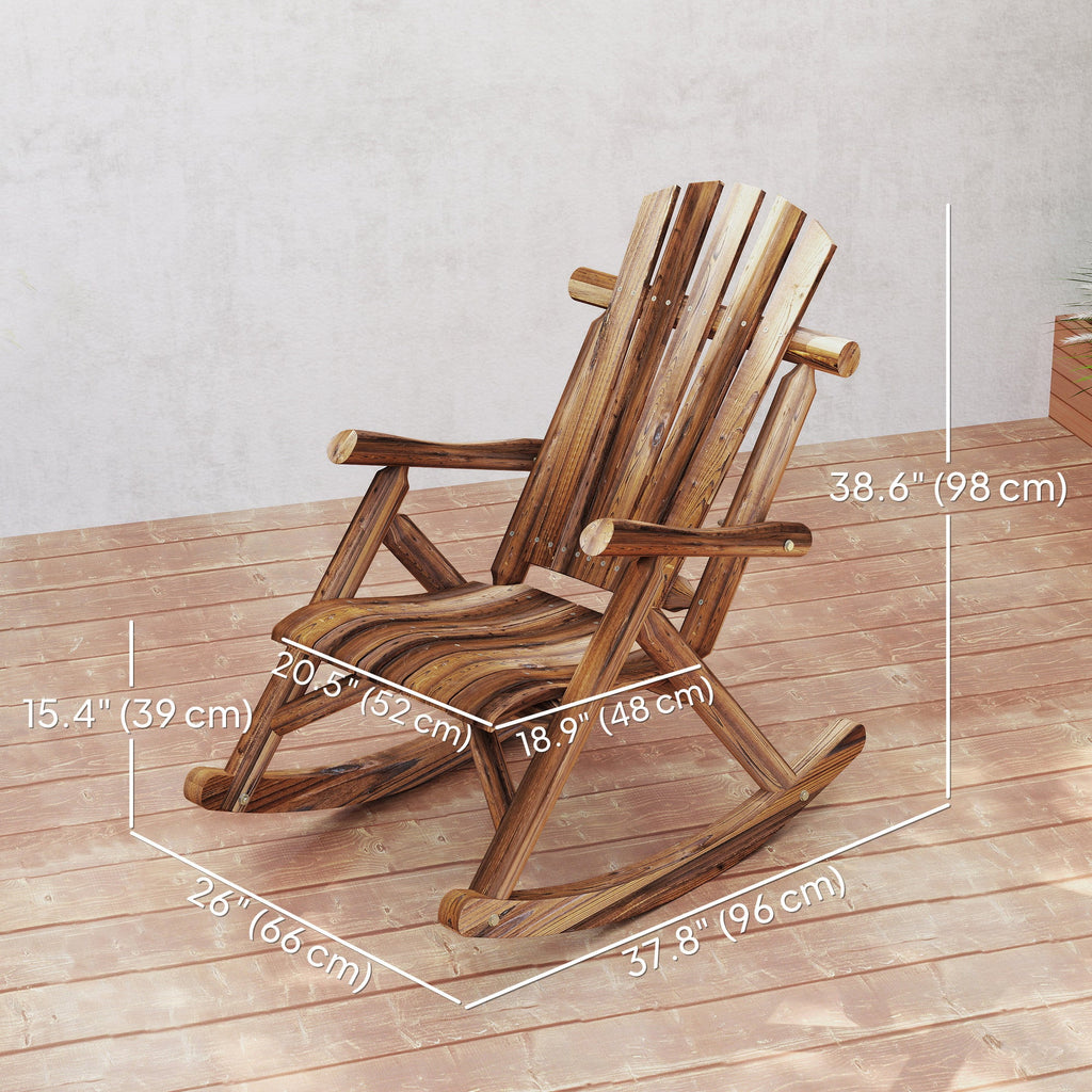 Outdoor Wooden Adirondack Rocker with High Back and Slatted Seat, Carbonized