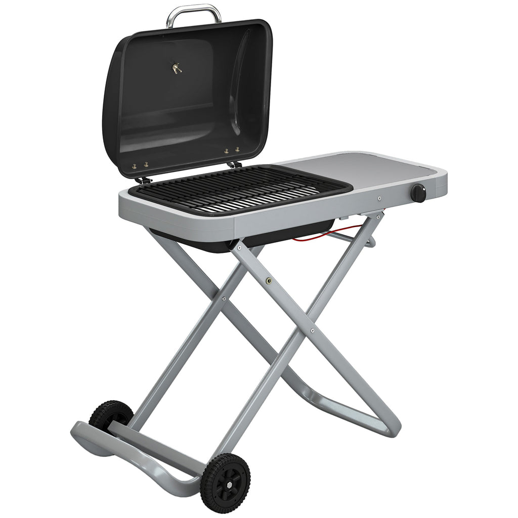 Outsunny Foldable Gas BBQ Grill with Side Table, Portable Gas Barbecue Grill with Thermometer, Grease Box, Wheels, 2.5 kW, Black