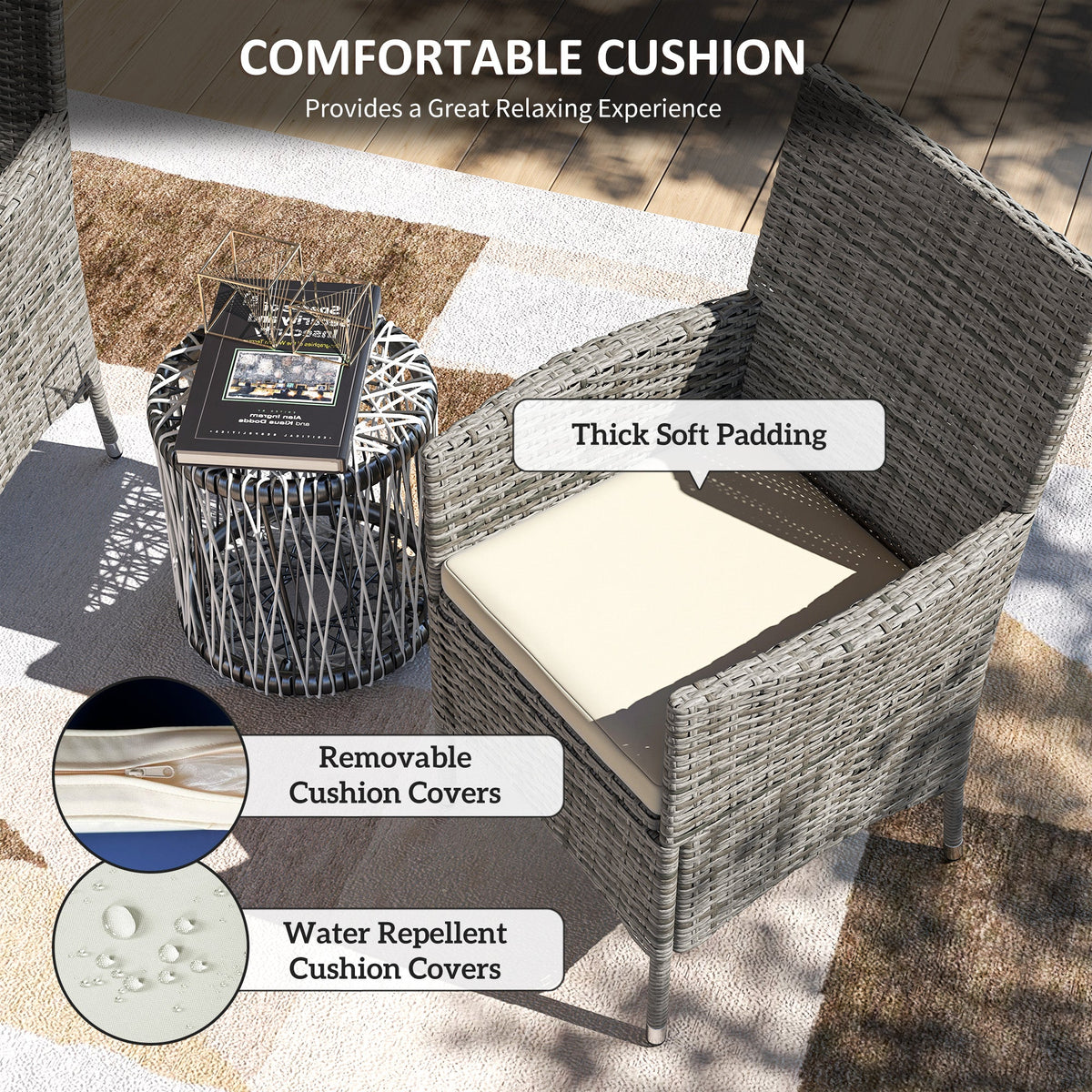 2 Piece PE Rattan Dining Chair Set with Cushions & High Back, Mixed Grey