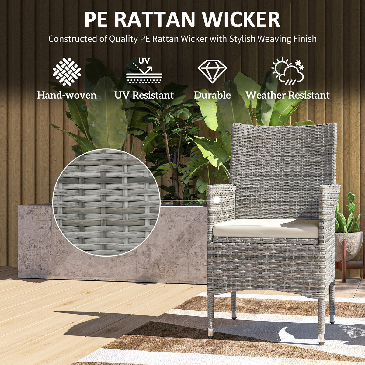 2 Piece PE Rattan Dining Chair Set with Cushions & High Back, Mixed Grey