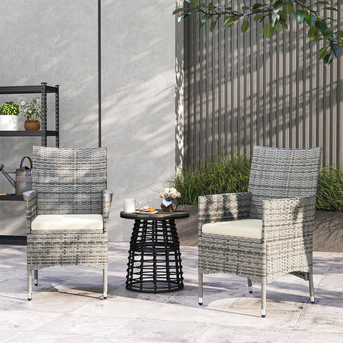 2 Piece PE Rattan Dining Chair Set with Cushions & High Back, Mixed Grey