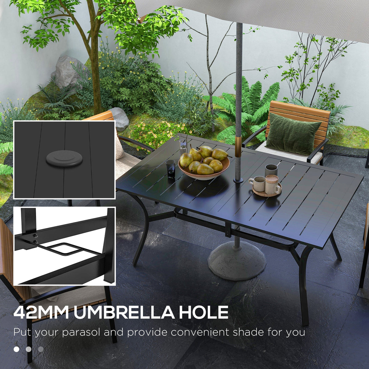 59" x 35.5" Rectangular Outdoor Dining Table for 6 with Umbrella Hole, Black