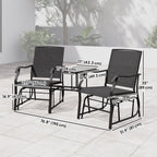 Double Patio Glider Chair with Glass Top Center Table, All Weather Breathable Mesh Fabric, Black