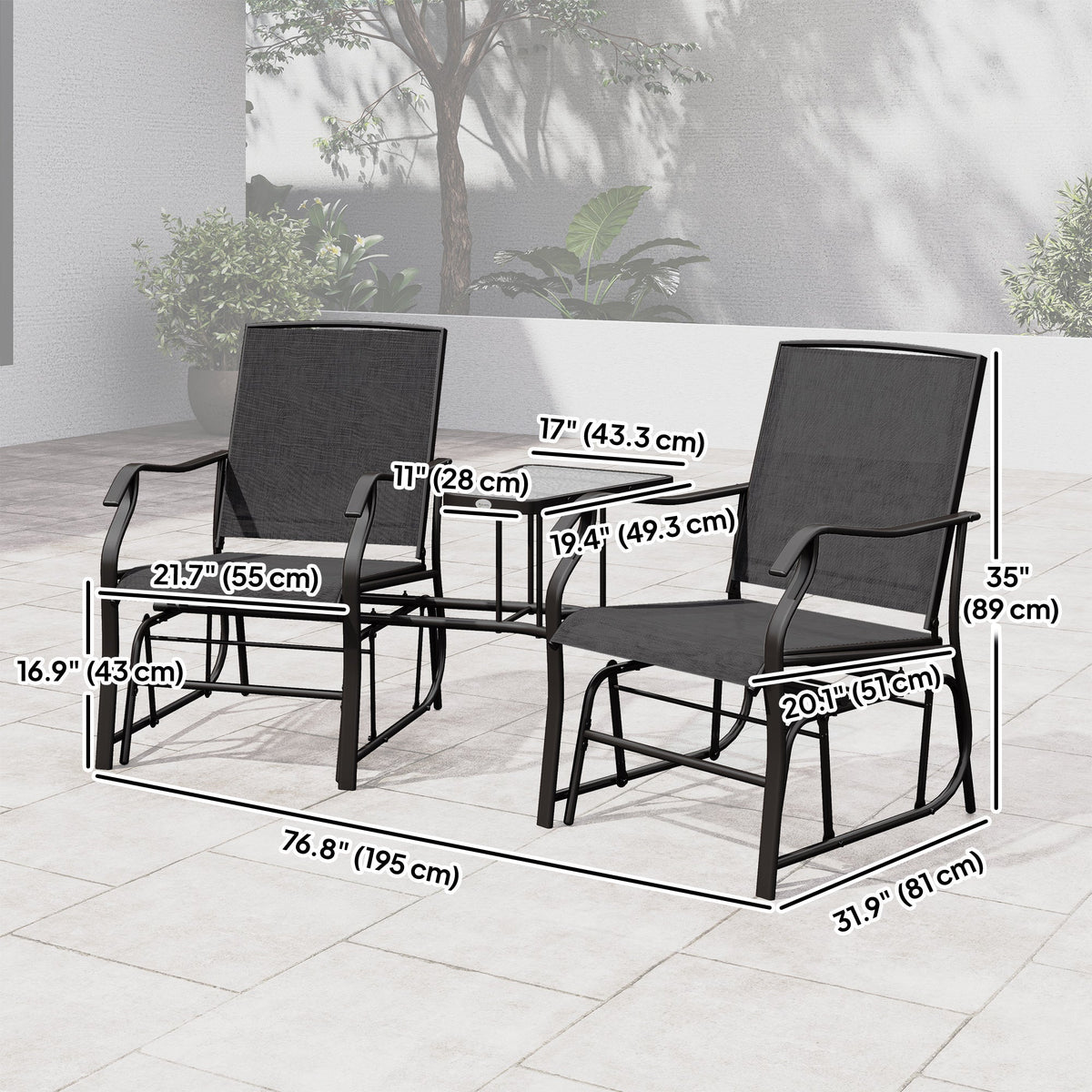 Double Patio Glider Chair with Glass Top Center Table, All Weather Breathable Mesh Fabric, Black