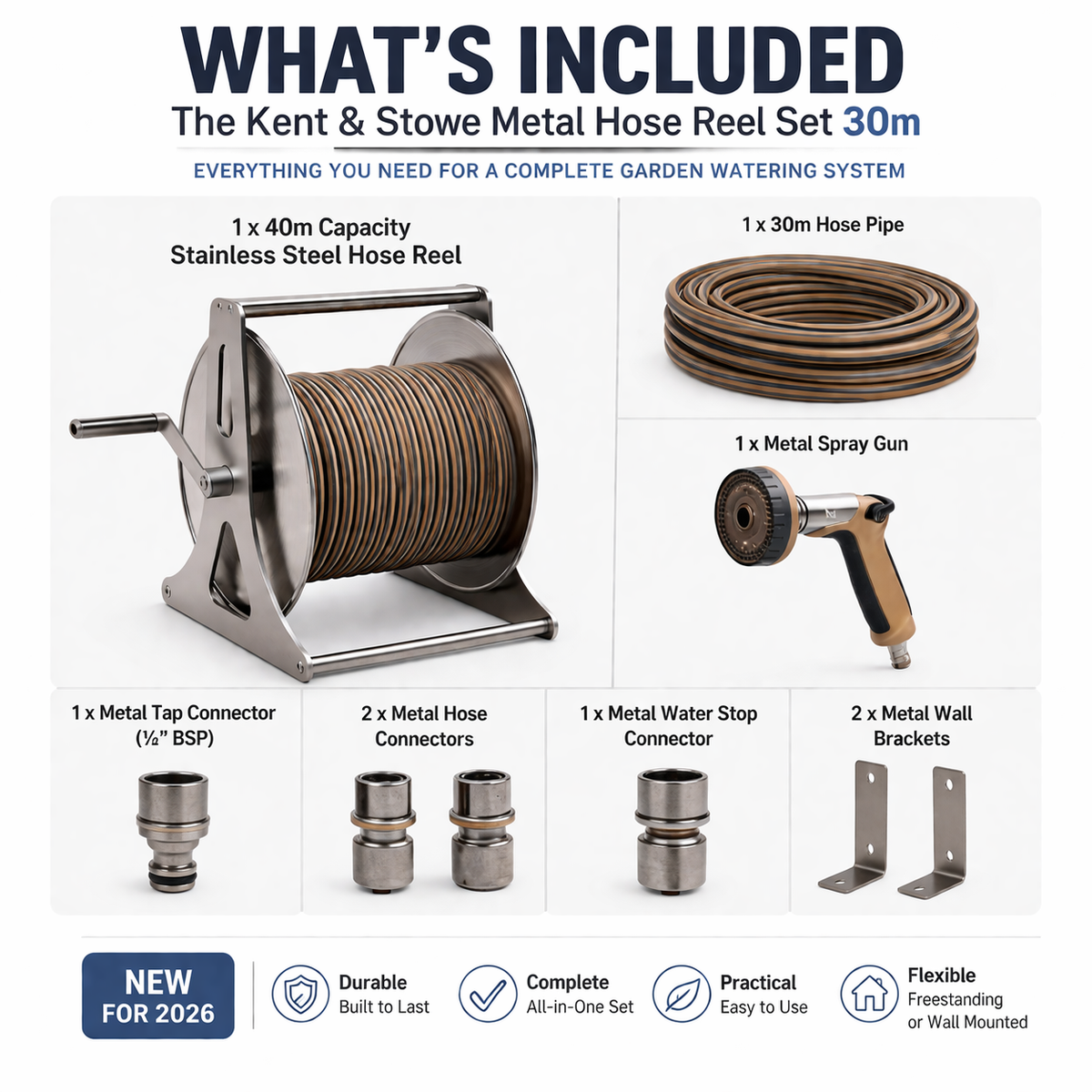 Kent & Stowe Stainless Steel Metal Hose Reel Set 30m Wall Mounted