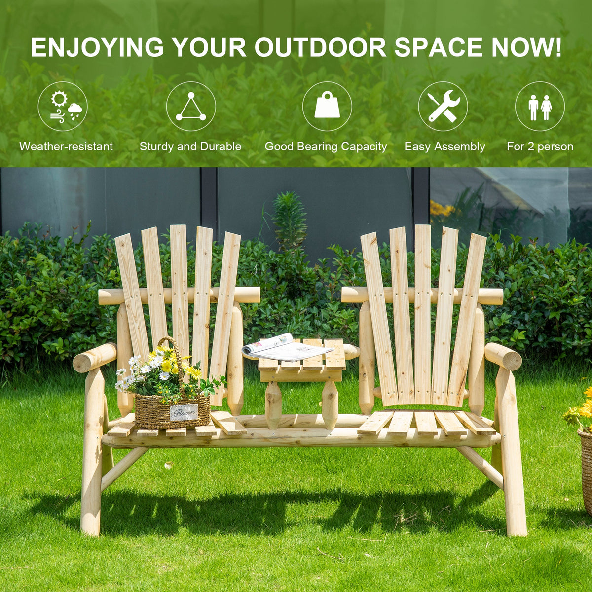 2-Seat Adirondack Loveseat with Fire Pit Table, Natural Wood Finish