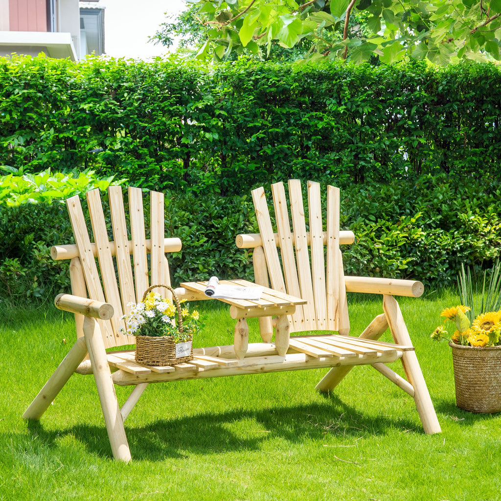 2-Seat Adirondack Loveseat with Fire Pit Table, Natural Wood Finish