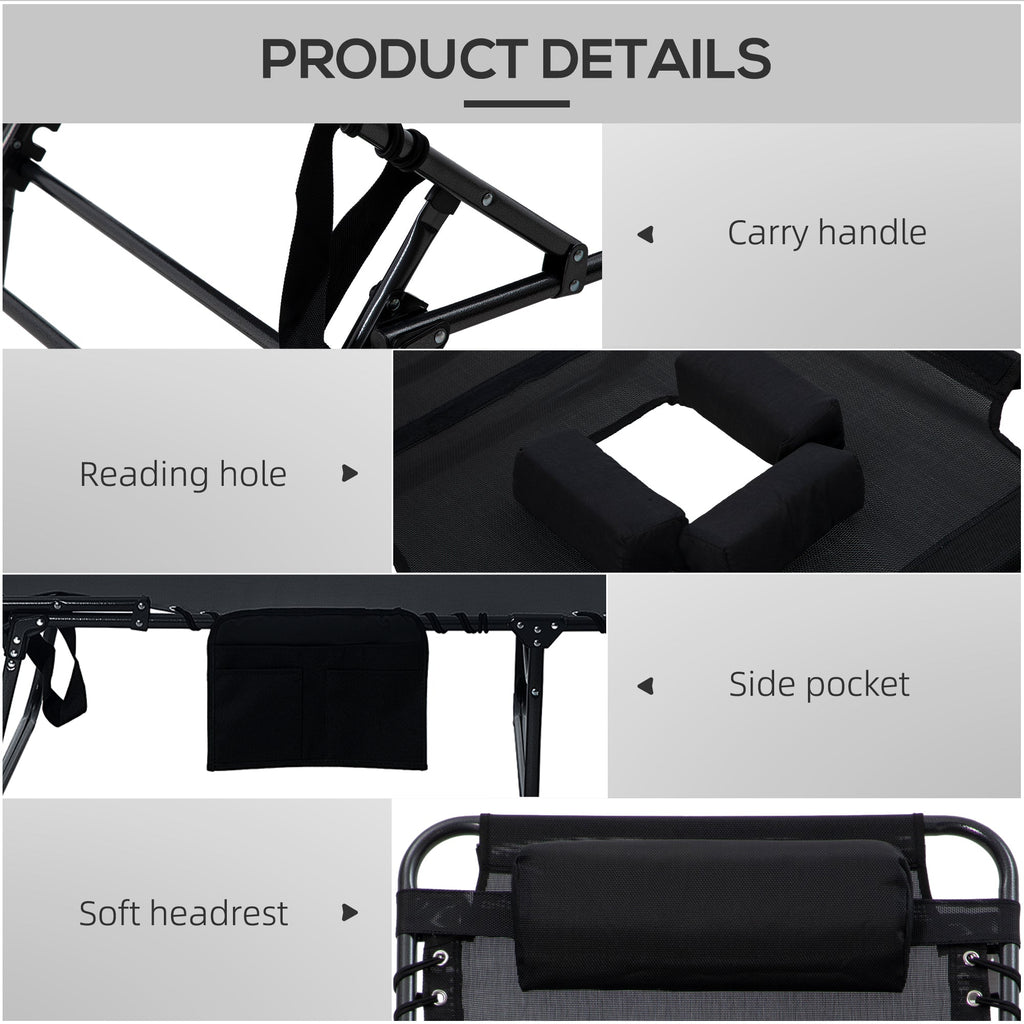 2-Piece Folding Chaise Lounge with 5-Level Reclining Back, Reading Hole & Side Pocket, Black