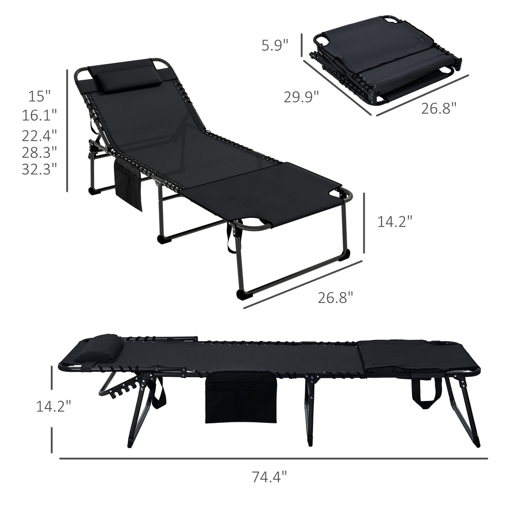 2-Piece Folding Chaise Lounge with 5-Level Reclining Back, Reading Hole & Side Pocket, Black