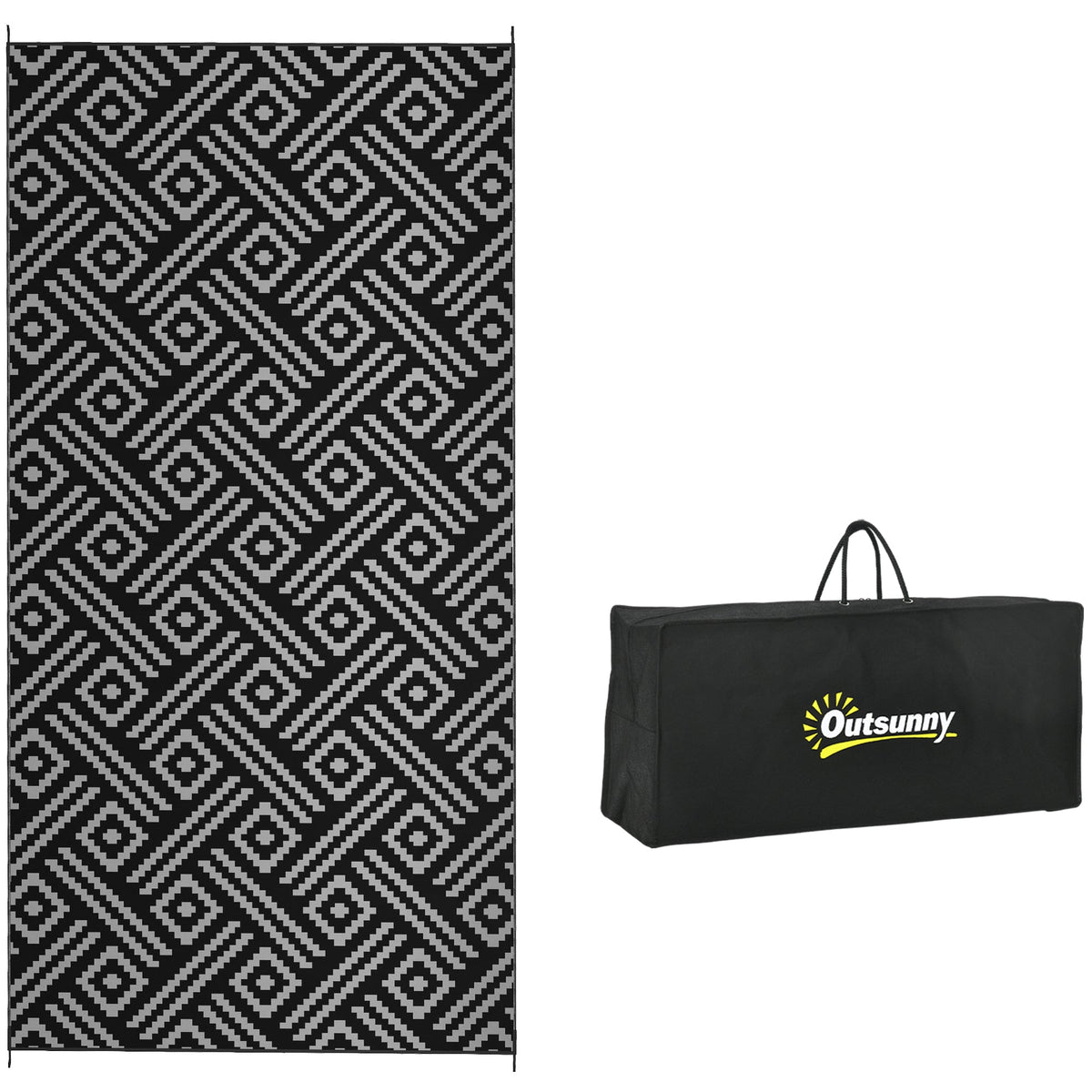 9' x 18' Reversible Mat w/ Carry Bag, Geometric Waterproof RV Rug for Backyard, Black & Grey