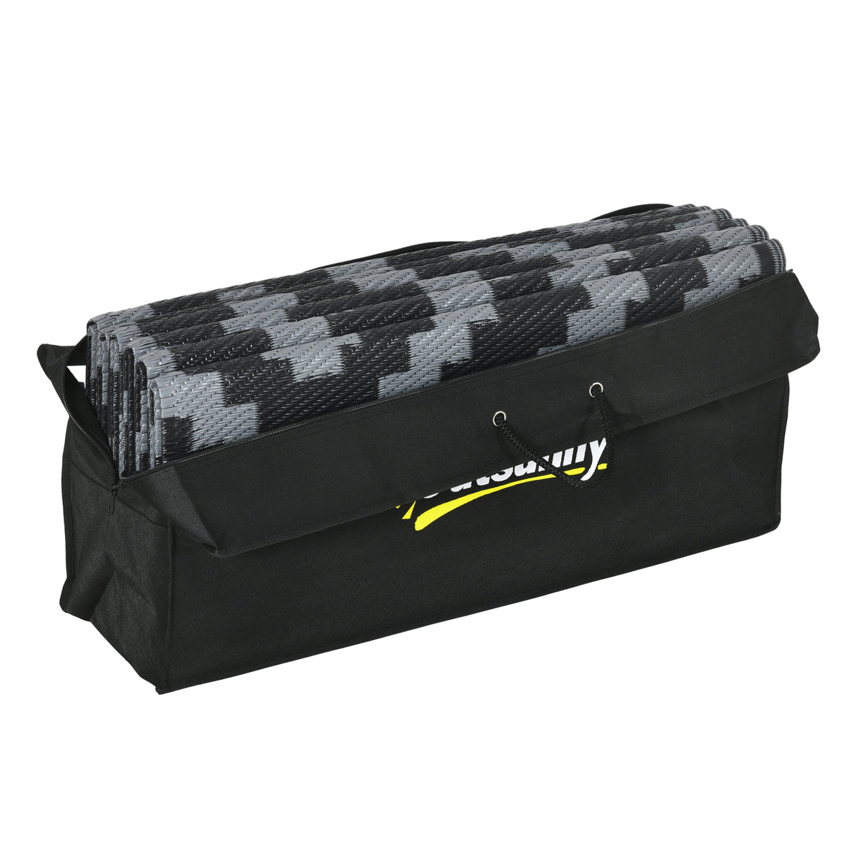 9' x 18' Reversible Mat w/ Carry Bag, Geometric Waterproof RV Rug for Backyard, Black & Grey