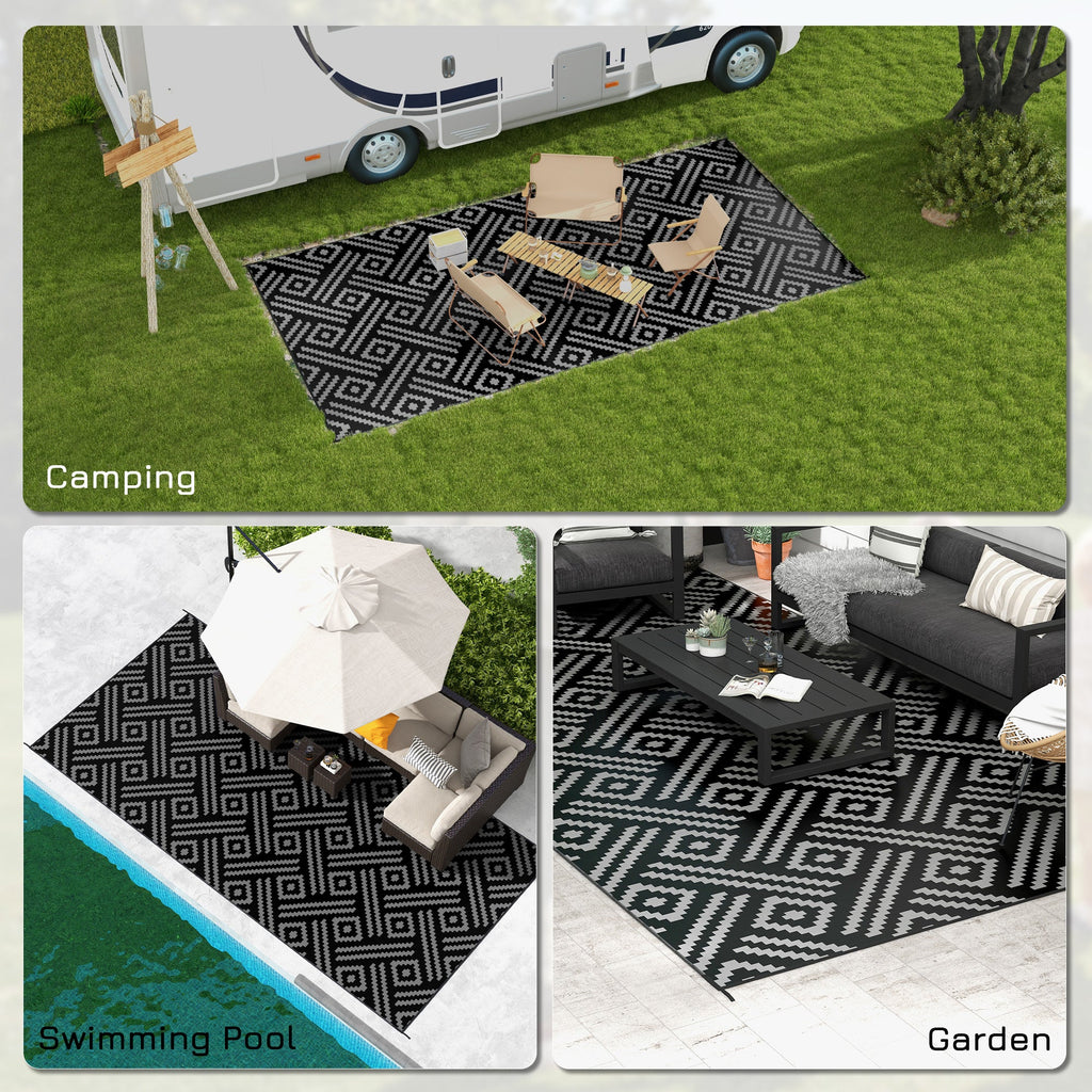 9' x 18' Reversible Mat w/ Carry Bag, Geometric Waterproof RV Rug for Backyard, Black & Grey