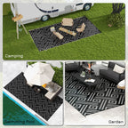 9' x 18' Reversible Mat w/ Carry Bag, Geometric Waterproof RV Rug for Backyard, Black & Grey