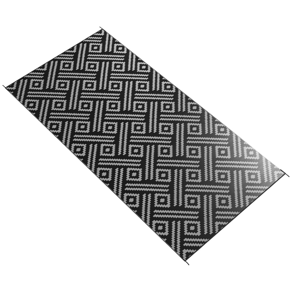 9' x 18' Reversible Mat w/ Carry Bag, Geometric Waterproof RV Rug for Backyard, Black & Grey